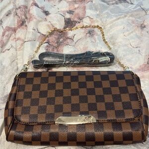 Brown Checkered Wristlet with Gold Hardware